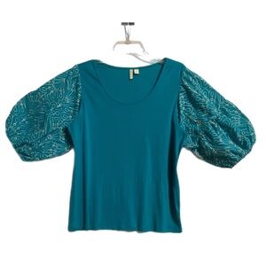 Rich Vibrant Teal L Blouse Sexy Structured Silhouette Boho Bubble Puff Sleeves